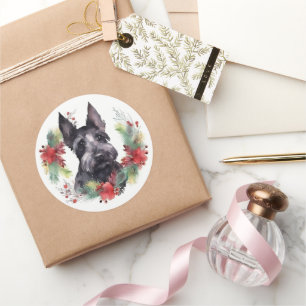 Sticker Rond Couronne de Noël de Terrier Écossais Chien de fête