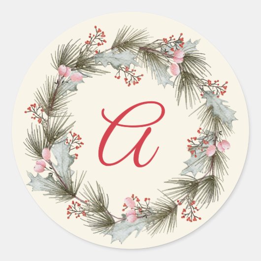 Sticker Rond Couronne de Noël élégante avec monogramme pour pho (Devant)