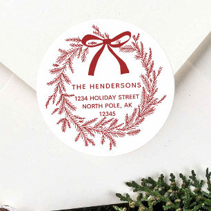 Sticker Rond Couronne de Noël en pin Rouge Rustique avec adress