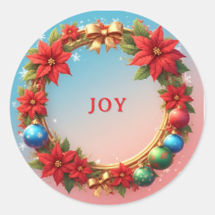 Sticker Rond Couronne de Noël festive avec poinsettias rouges