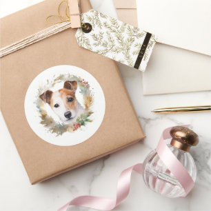 Sticker Rond Couronne de Noël festive Jack Russell Pup