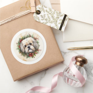 Sticker Rond Couronne de Noël festive Lhasa Apso