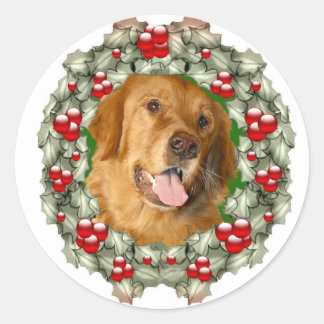 Sticker Rond Couronne de Noël Golden Retriever