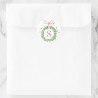 Sticker Rond Couronne de Noël grandmillennial avec monogramme