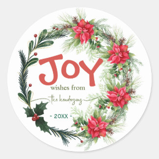 Sticker Rond Couronne de Noël Joy écriture manuscrite Nom Roug