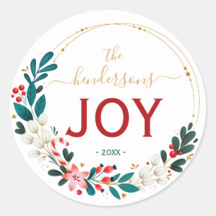 Sticker Rond Couronne de Noël Joy Nom Écriture Manuscrite