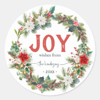 Sticker Rond Couronne de Noël Joy Typographie Rustique Nom Rou