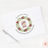 Sticker Rond Couronne de Noël poinsettia Bonne Année (Enveloppe)
