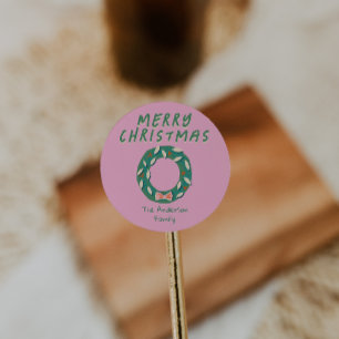 Sticker Rond Couronne de Noël rose vert peinte à la main vintag
