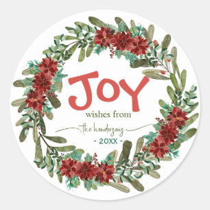 Sticker Rond Couronne de Noël rouge au nom manuscrit Joy