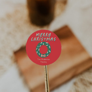 Sticker Rond Couronne de Noël rouge vert peinte à la main vinta