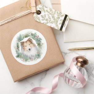 Sticker Rond Couronne de Noël Rough Collie Chien de fête