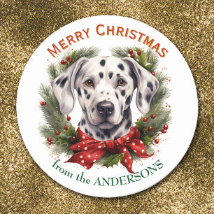 Sticker Rond Couronne de Noël Ruban Rouge Chien Dalmatien