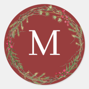 Sticker Rond Couronne de Noël rustique rouge canneberge Monogra
