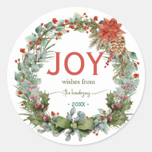 Sticker Rond Couronne de Noël verte avec écriture manuscrite Jo