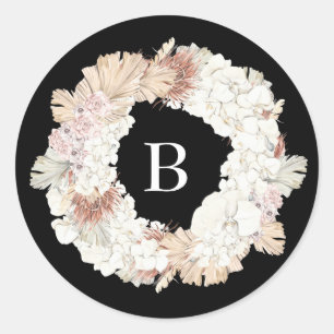 Sticker Rond Couronne de Pampas Noir Pur Élégant Monogramme Pre