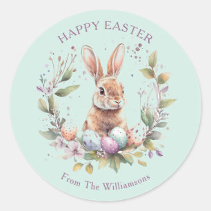 Sticker Rond Couronne de Pâques personnalisée avec lapin de pri