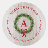 Sticker Rond Couronne de pin de ferme Monogramme Joyeux Noël (Devant)