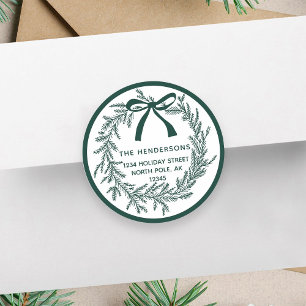 Sticker Rond Couronne de pin de Noël simple verte avec adresse