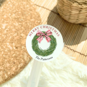Sticker Rond Couronne de pin d'hiver Ruban Rouge Rayé Joyeux No