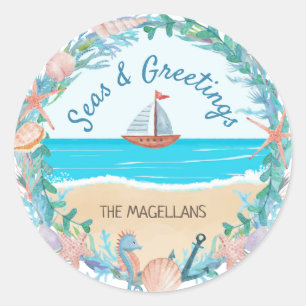 Sticker Rond Couronne de plage nautique Mers & Salutations