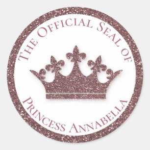 Sticker Rond Couronne de princesse en paillettes roses avec nom