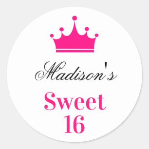 Sticker Rond Couronne de princesse rose chaud Sweet 16 nom fémi