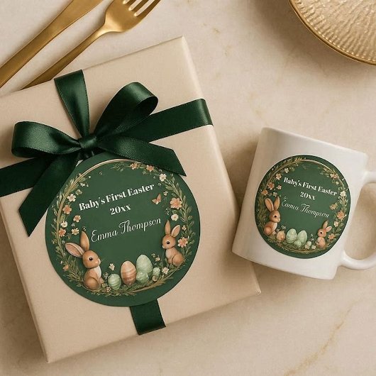 Sticker Rond Couronne de printemps de Pâques pour bébé avec des