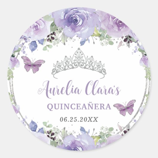 Sticker Rond Couronne de Quinceañera à fleurs de lilas violet a (Devant)