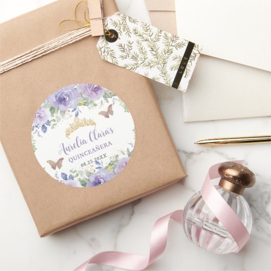 Sticker Rond Couronne de Quinceañera au lilas pourpre avec papi (Cadeaux)