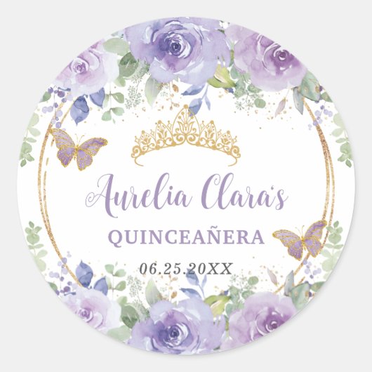 Sticker Rond Couronne de Quinceañera au lilas pourpre avec papi (Devant)