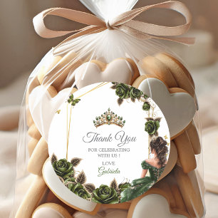 Sticker Rond Couronne de roses émeraude verte Quinceañera Merci