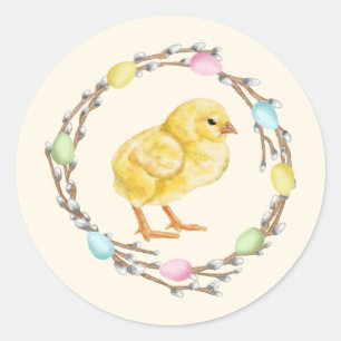 Sticker Rond Couronne de saule pastel aquarelle avec poussin