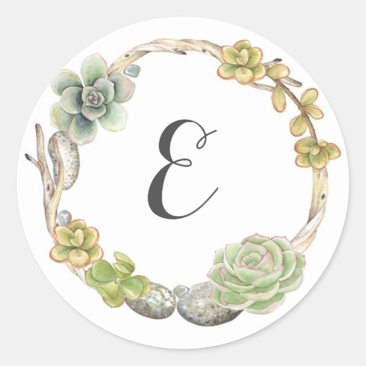 Sticker Rond Couronne de succulents, de brindilles et de pierre (Devant)