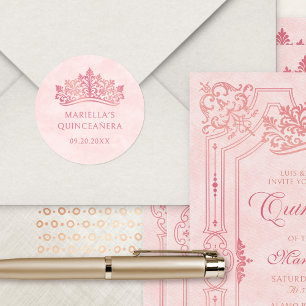 Sticker Rond Couronne de Tiara Rose Élégante Quinceanera