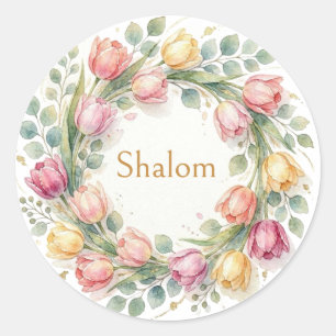 Sticker Rond Couronne de tulipes eucalyptus, Shalom aquarelle o