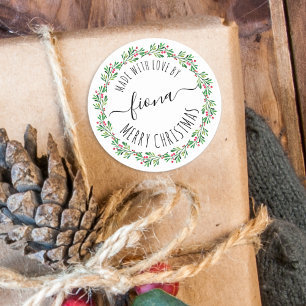 Sticker Rond Couronne de verdure de Noël faite avec amour Votre