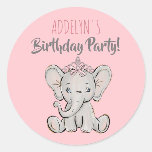 Sticker Rond Couronne d'éléphant de princesse rose pour anniver (Devant)