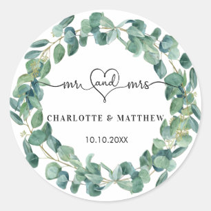 Sticker Rond couronne d'eucalyptus mariage m. noms de coeur