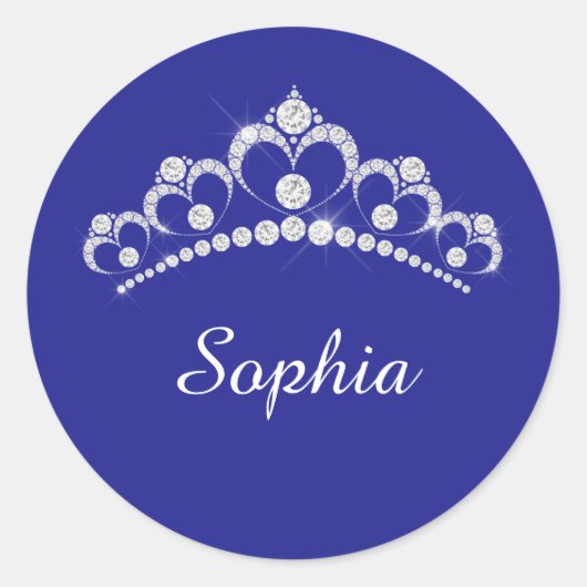 Sticker Rond Couronne diamant blanc, Nom du script, Bleu profon (Devant)