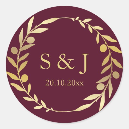Sticker Rond Couronne d'or Monogramme bordeaux foncé Mariage in (Devant)