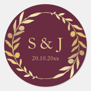 Sticker Rond Couronne d'or Monogramme bordeaux foncé Mariage in