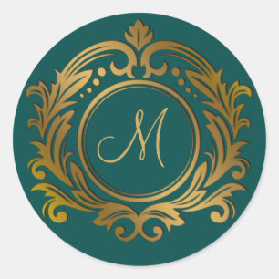 Sticker Rond Couronne dorée avec initiale de monogramme sur ver