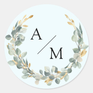 Sticker Rond Couronne élégante, monogramme, eucalyptus