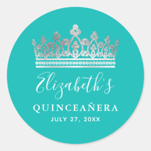 Sticker Rond Couronne élégante sarcelle et argent pour Quincean