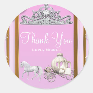 Sticker Rond Couronne et Carrosse de Princesse en Or Rose Fête