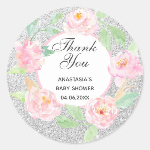 Sticker Rond Couronne florale argent et rose pour Baby Shower d