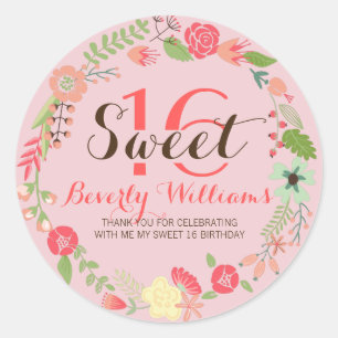 Sticker Rond Couronne Florale Colorée Sur Rose Sweet 16