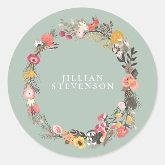 Sticker Rond Couronne florale d'automne sur Sage vert avec nom (Devant)