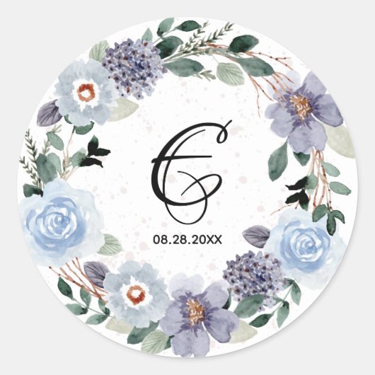 Sticker Rond Couronne florale de mariage à monogramme violet (Devant)